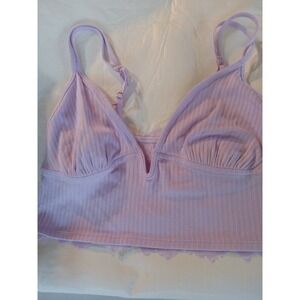 Aerie Real Good Lavender Ribbed Floral Lace Back V-Neck Bralette Purple Large